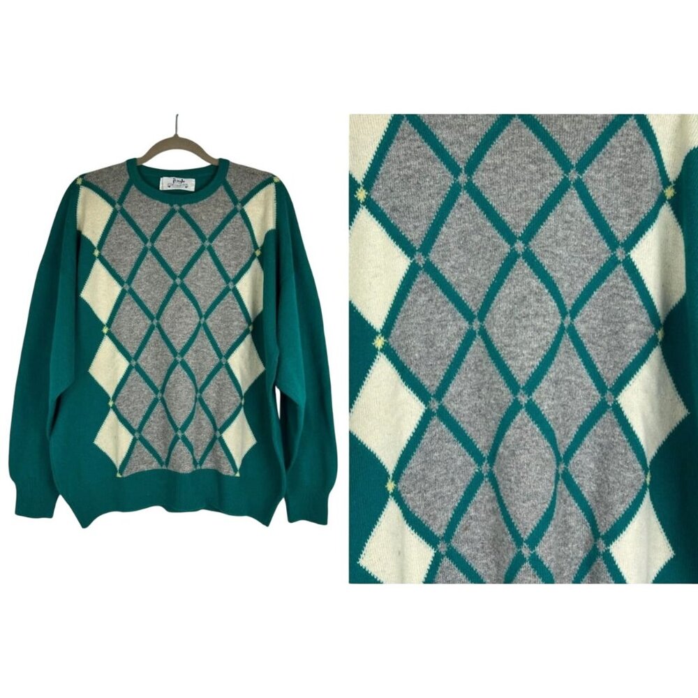 Vintage Pringle Of Scotland Men's 100% Wool Diamond Crew Neck Sweater Teal XL